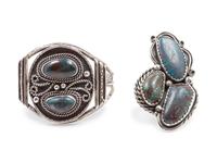 Silver bracelet with smokey Bisbee Turquoise, together with silver and turquoise ring