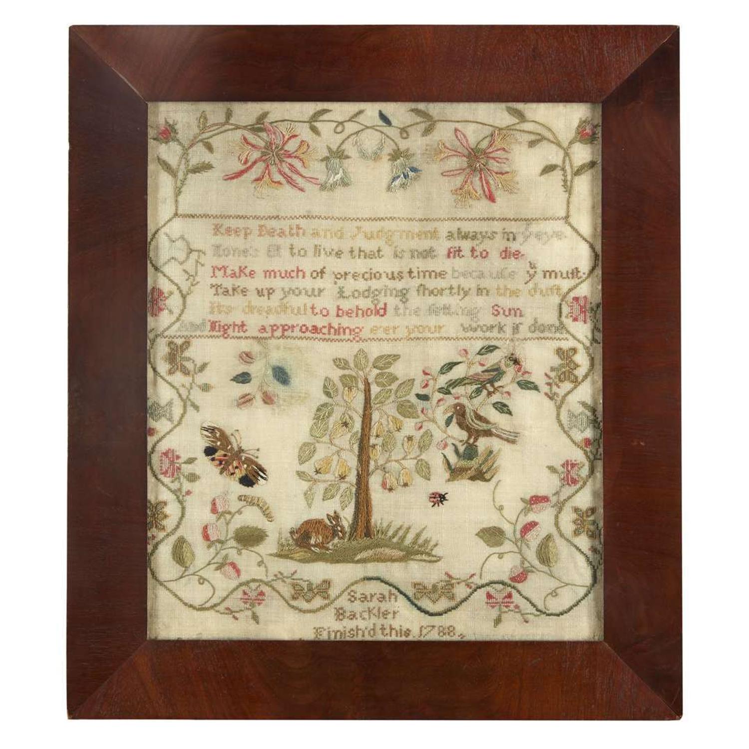 Needlework sampler "Sarah Backler finish'd this 1788."