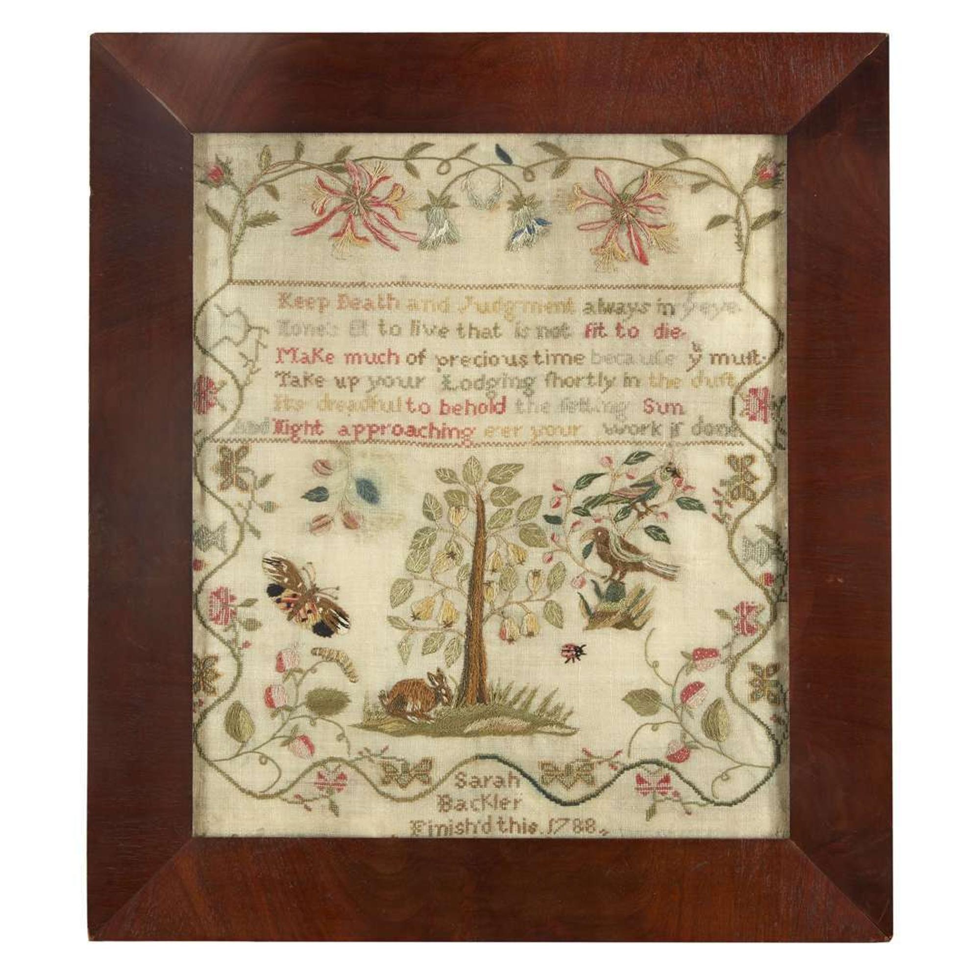Needlework sampler "Sarah Backler finish'd this 1788."
