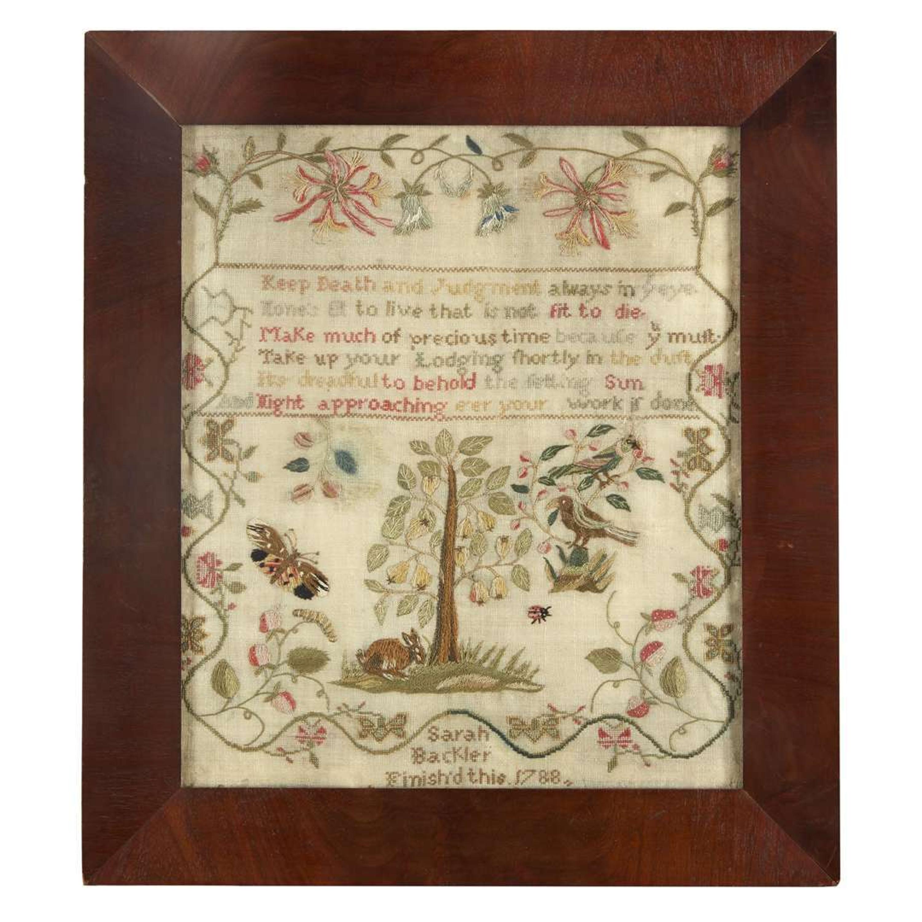 Needlework sampler "Sarah Backler finish'd this 1788."