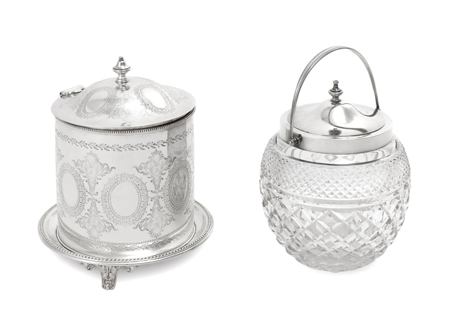 Two English Silvered Metal Mounted Biscuit Barrels