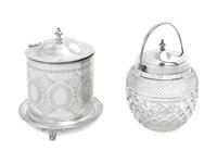 Two English Silvered Metal Mounted Biscuit Barrels