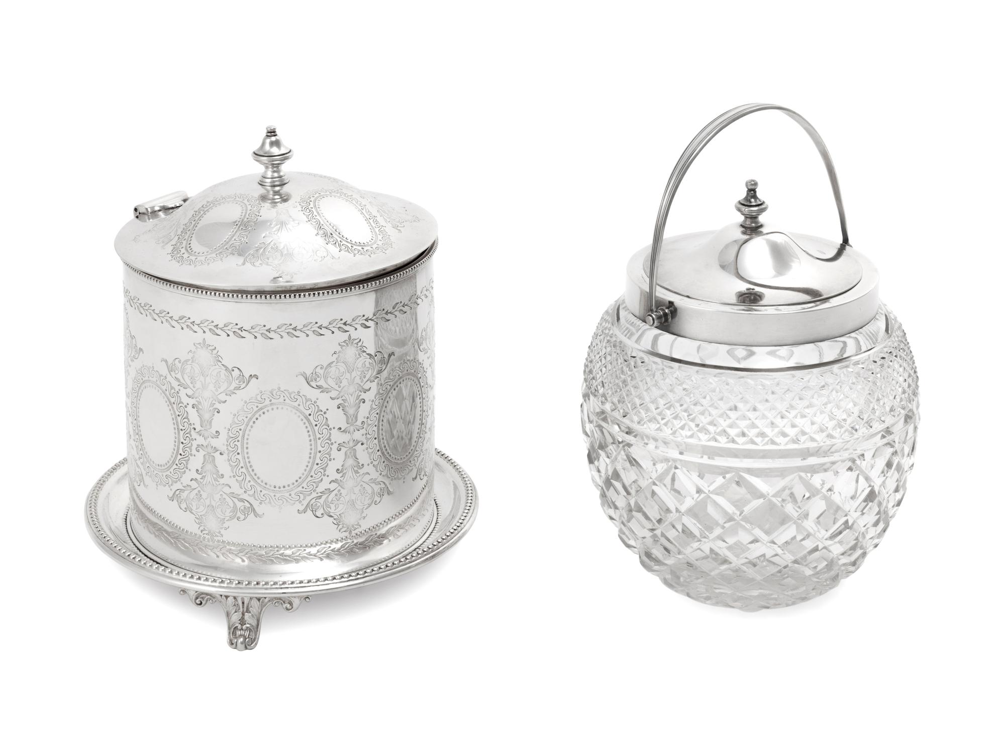 Two English Silvered Metal Mounted Biscuit Barrels