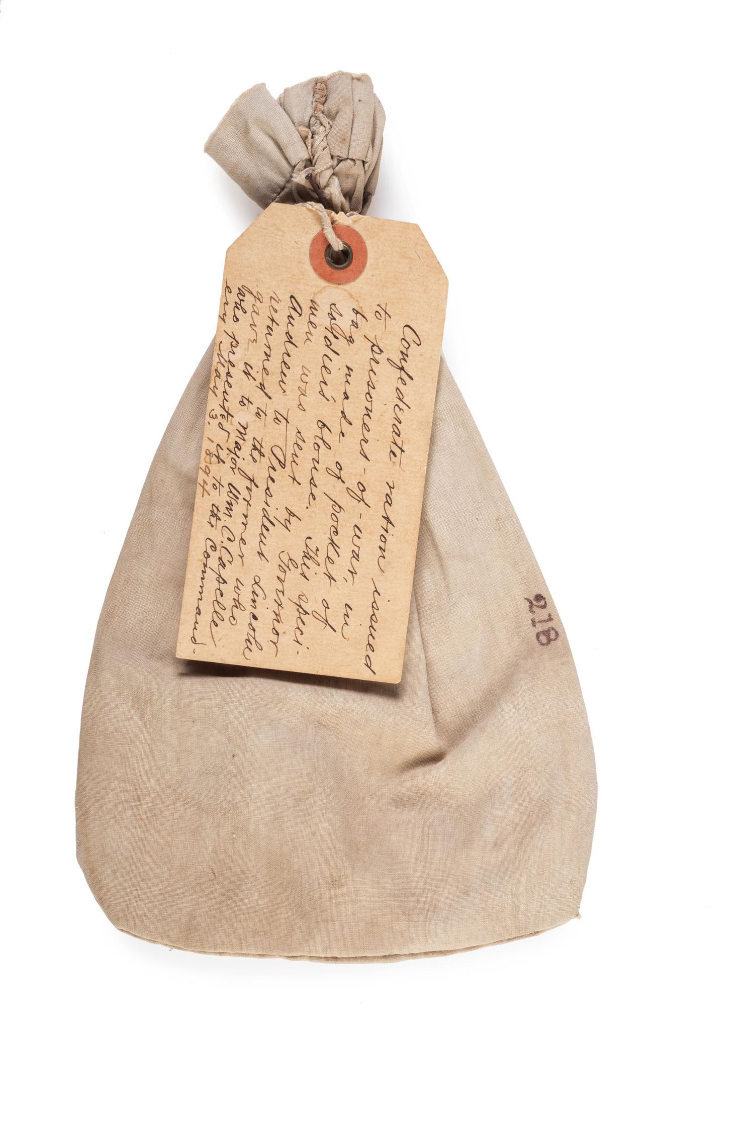 Union Prisoner of War ration bag and ration sent to President Abraham Lincoln and ultimately presented to the Military Order of the Loyal Legion of the United States.