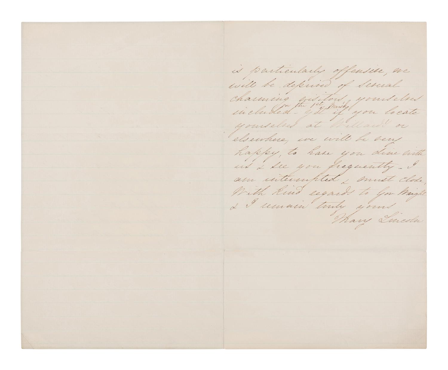 LINCOLN, Mary Todd (1818-1881). Autograph letter signed ("Mary Lincoln") to Caroline Wright, Washington, D.C.,15 February 1865.