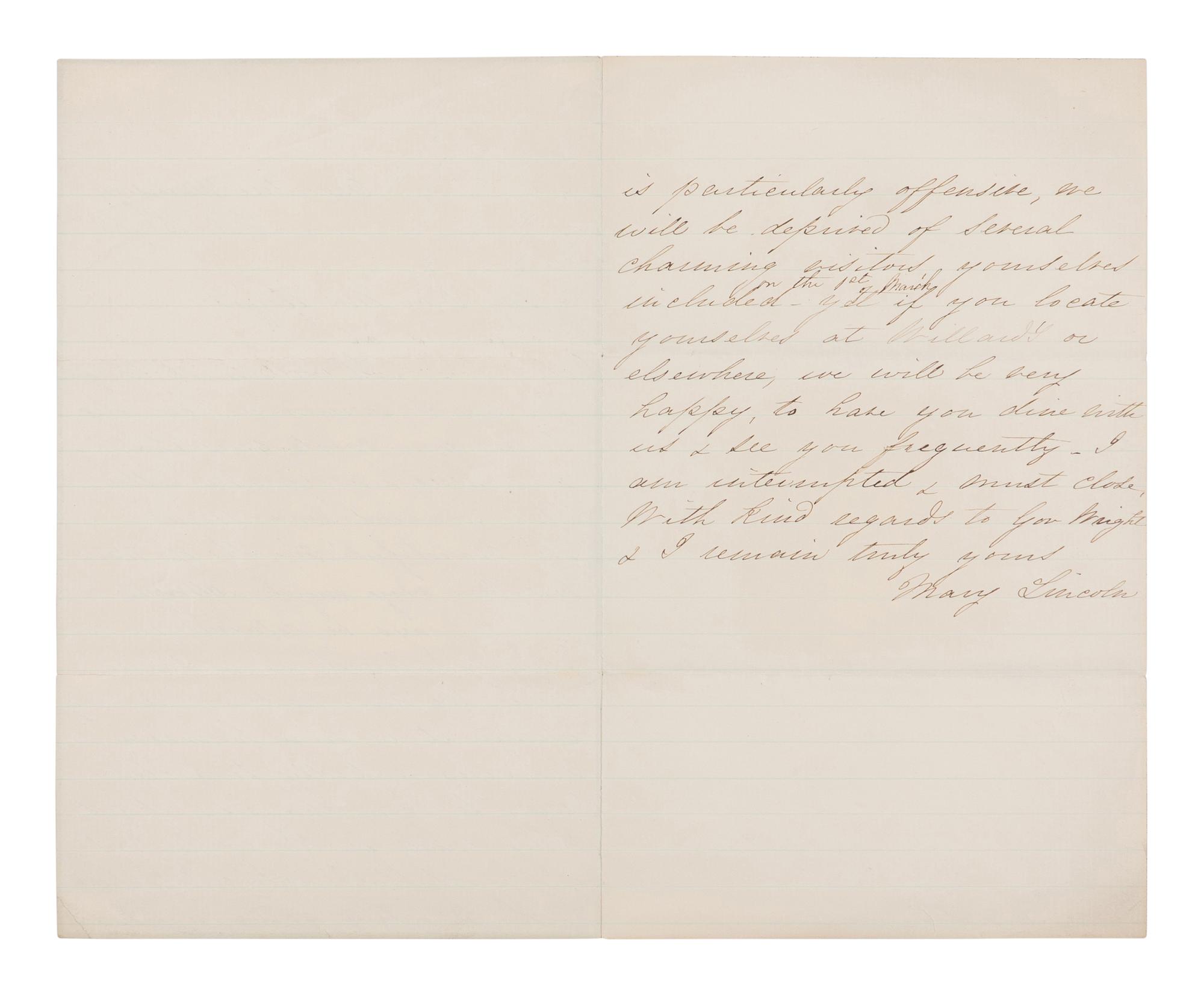 LINCOLN, Mary Todd (1818-1881). Autograph letter signed ("Mary Lincoln") to Caroline Wright, Washington, D.C.,15 February 1865.