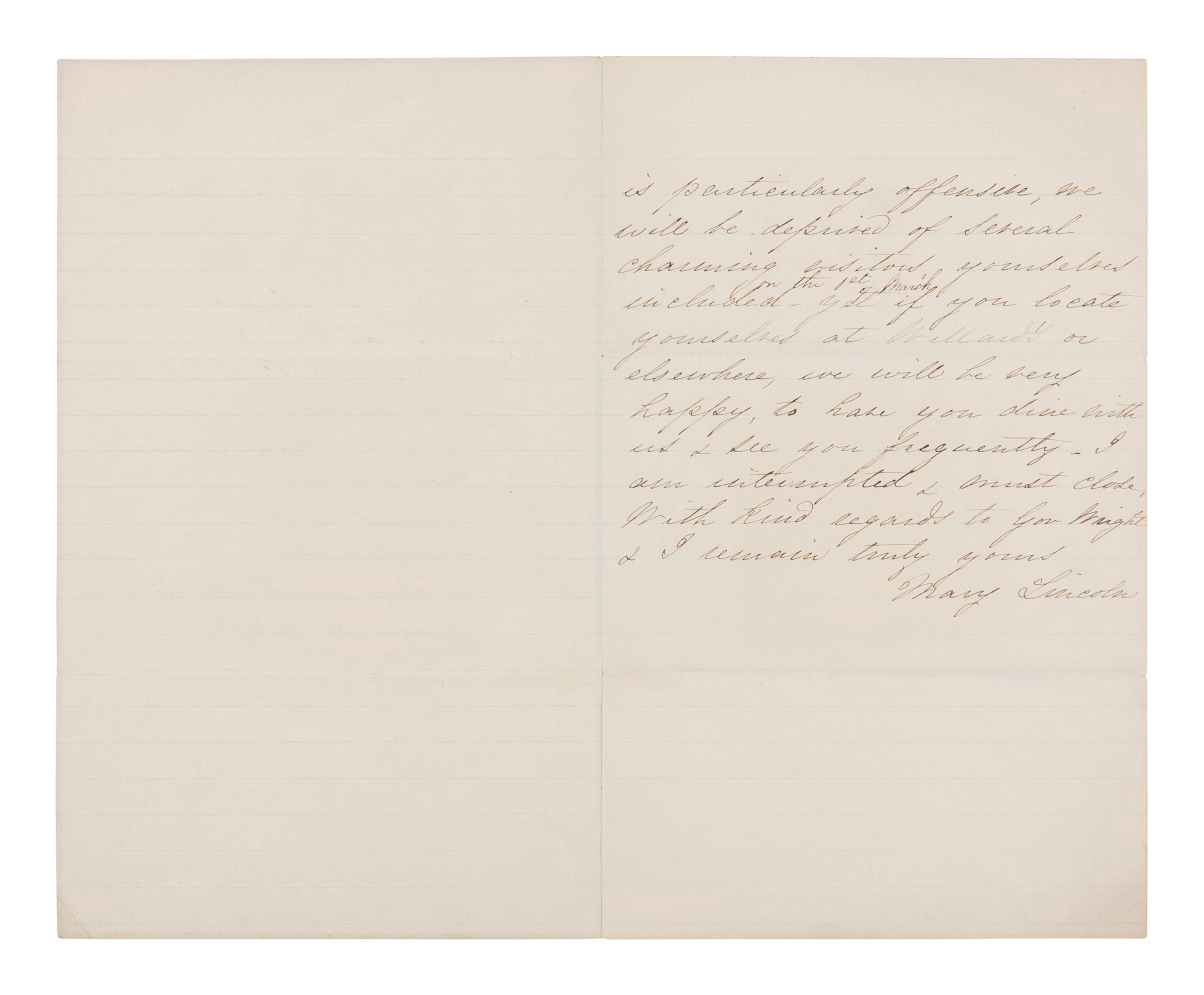 LINCOLN, Mary Todd (1818-1881). Autograph letter signed ("Mary Lincoln") to Caroline Wright, Washington, D.C.,15 February 1865.