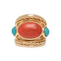 CORAL, TURQUOISE, AND YELLOW GOLD RING