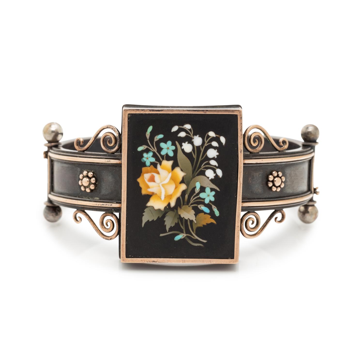 VICTORIAN, SILVER AND ROSE GOLD PIETRA DURA BANGLE BRACELET