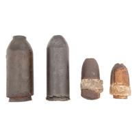Four Excavated Civil War Artillery Shells: #30 Parrott Bolt, #20 Parrott Shell and Two Hotchkiss