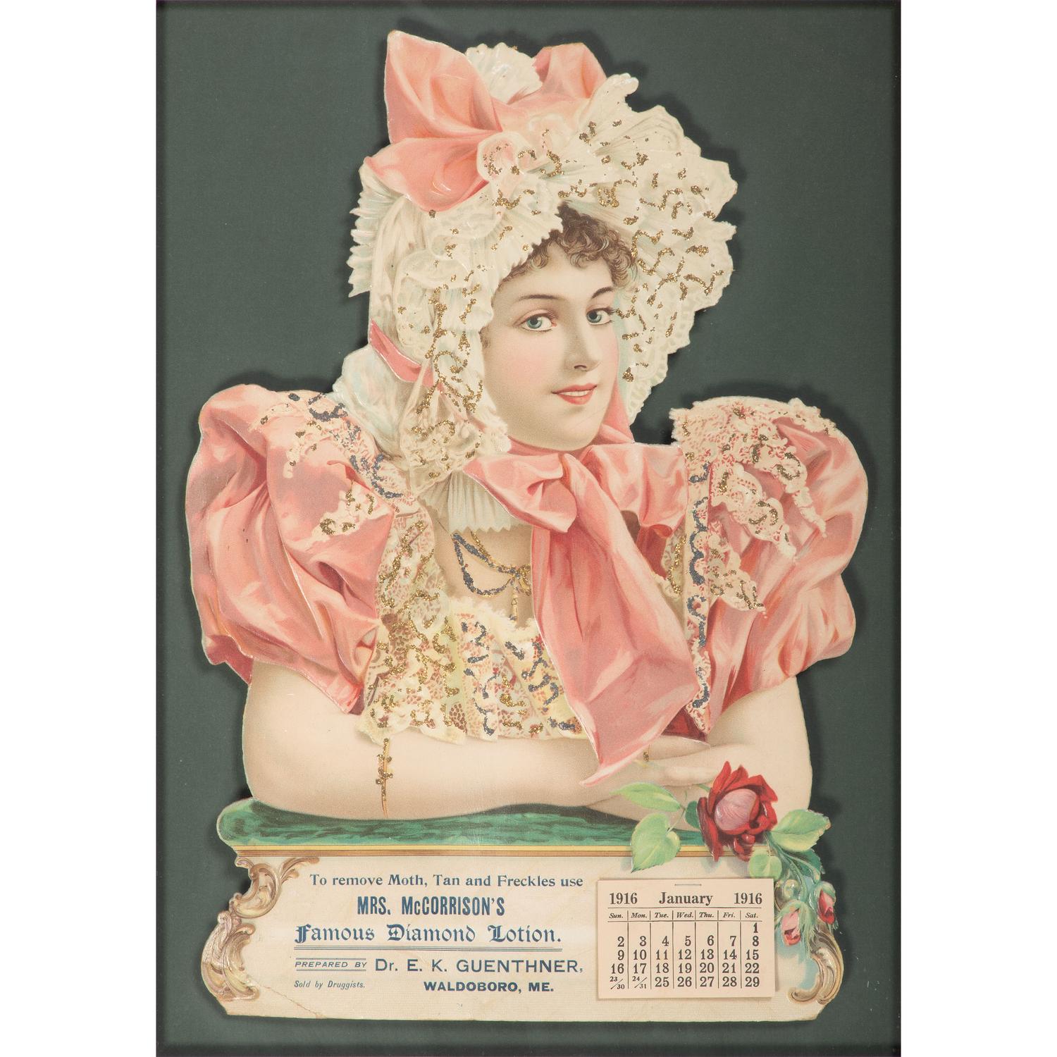 A Mrs. McCorrison's Famous Diamonds Lotion Framed Calendar Advertisement