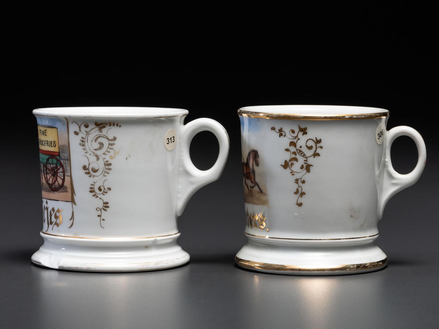 Two Porcelain Occupational Shaving Mugs with Horse-Drawn Delivery Wagons