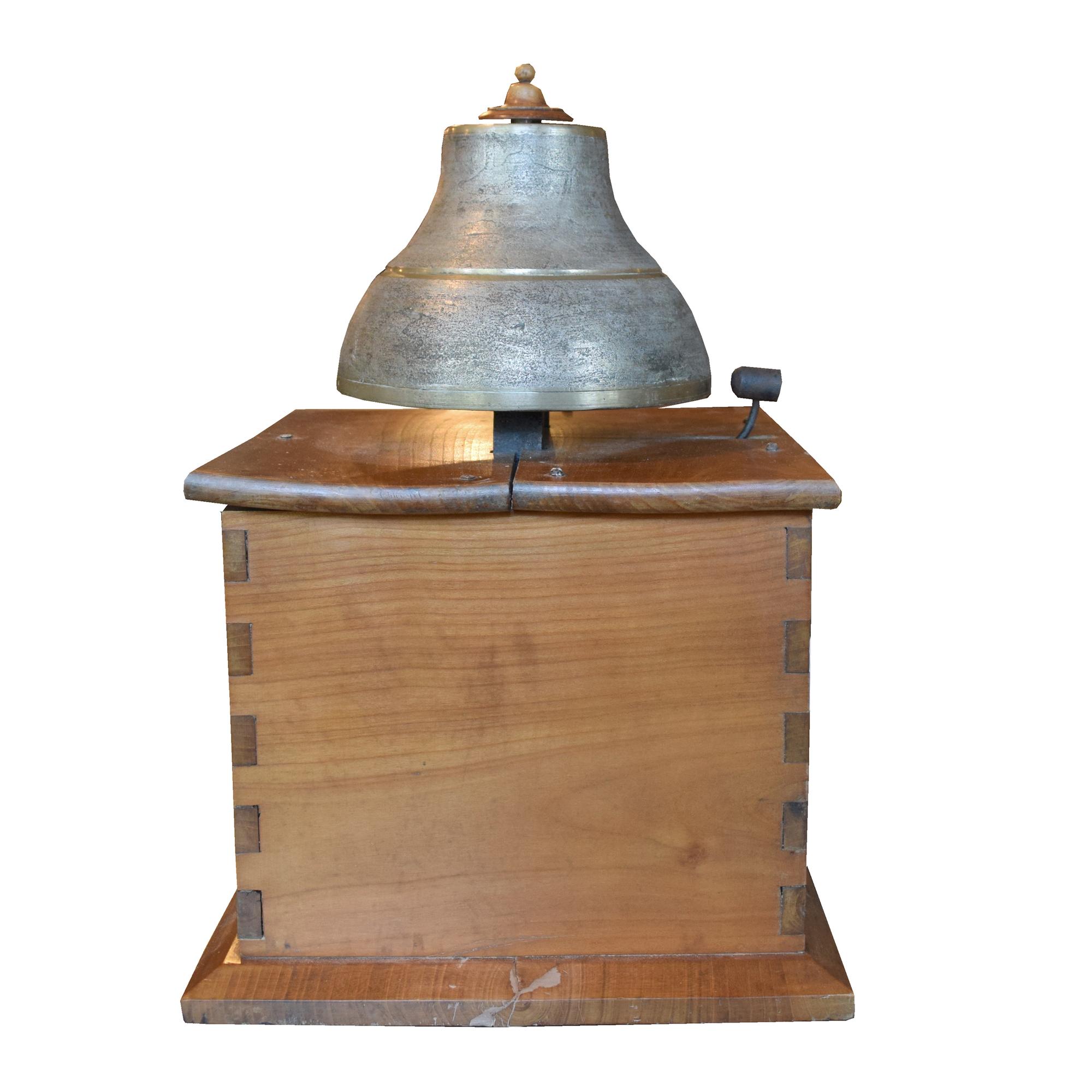 A Bronze Time Clock Bell on Wood Base 11.5" W x 11.5" D x 18" H — Italy