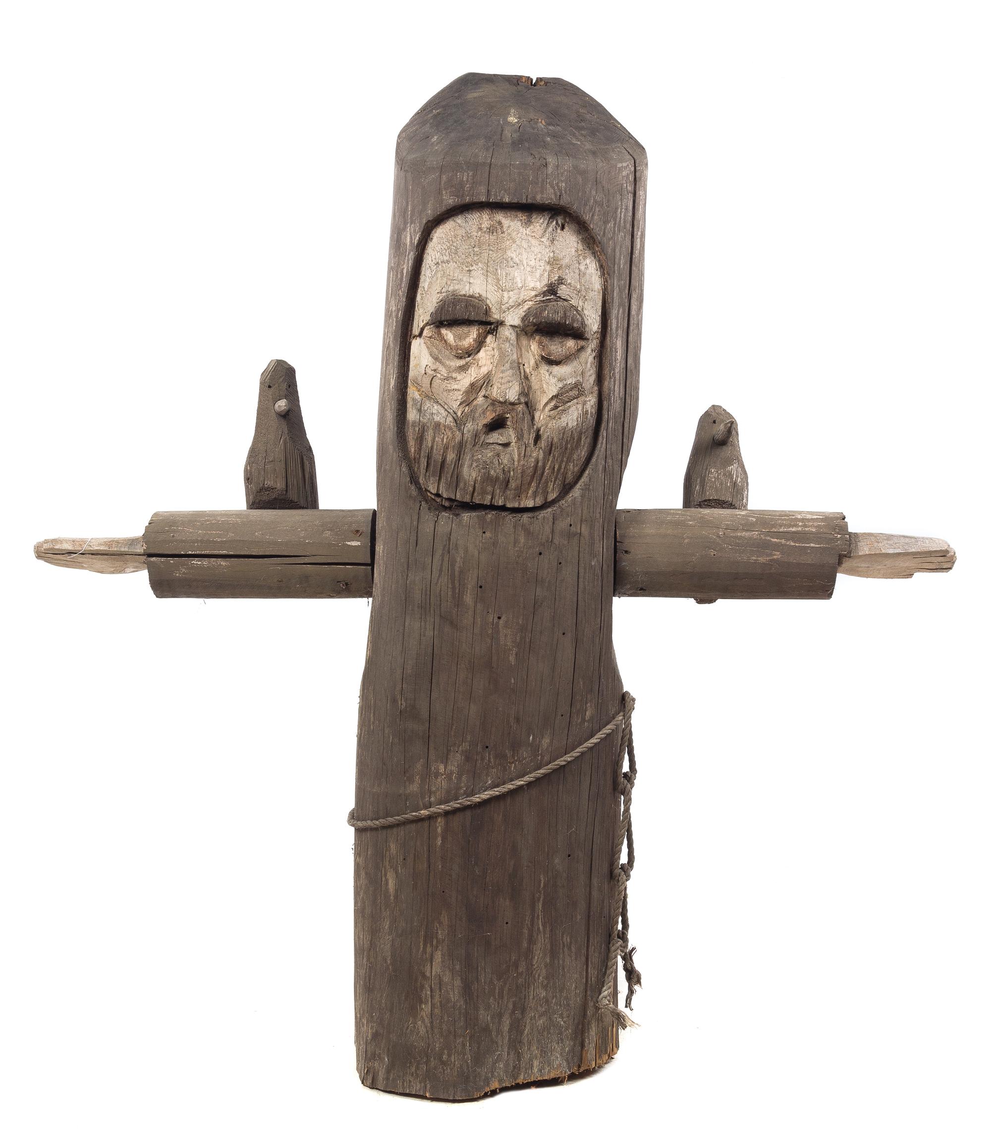 A Carved Wood Figure of Saint Francis Height 57 x width 54 x depth 15 inches.