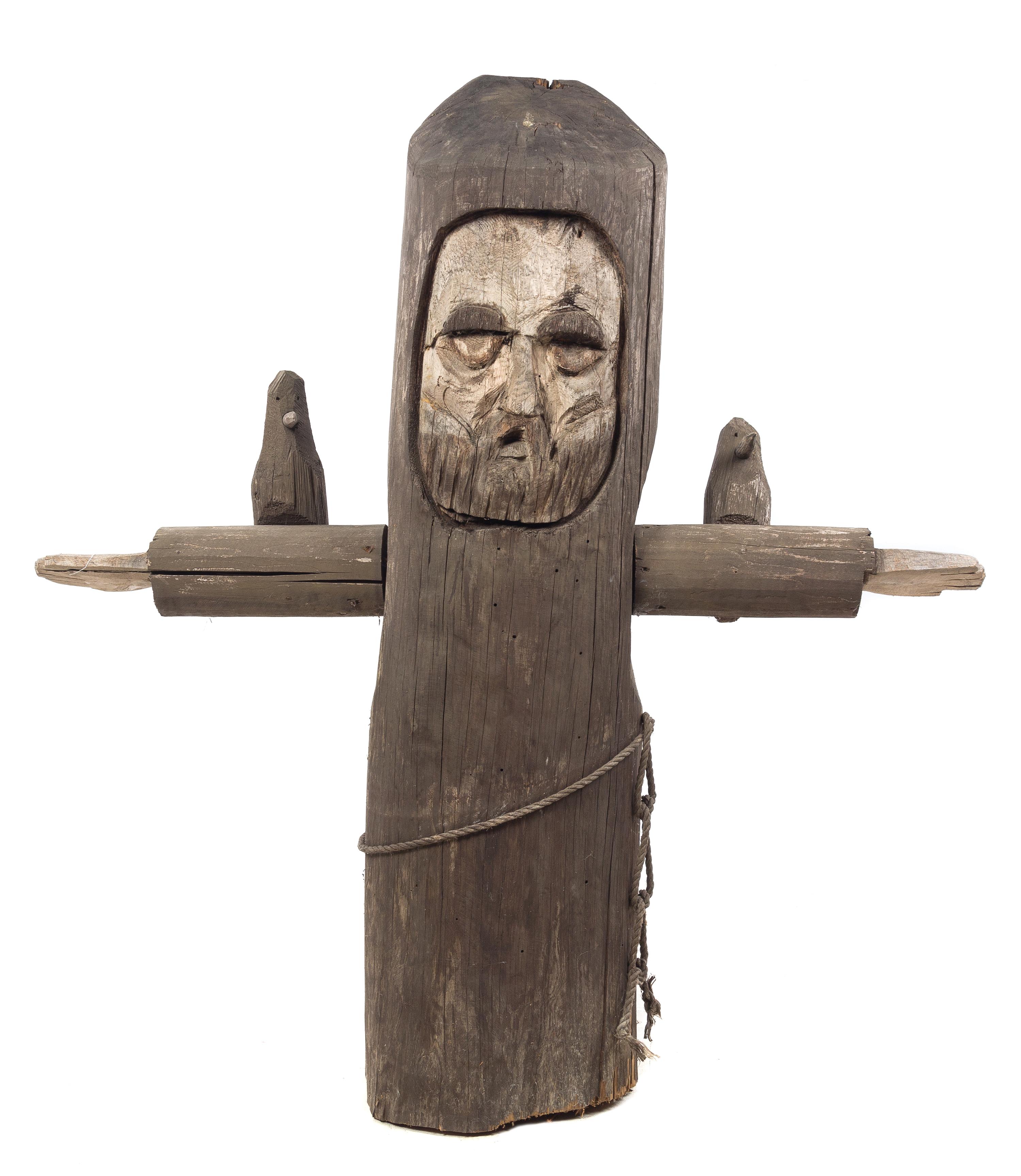A Carved Wood Figure of Saint Francis Height 57 x width 54 x depth 15 inches.