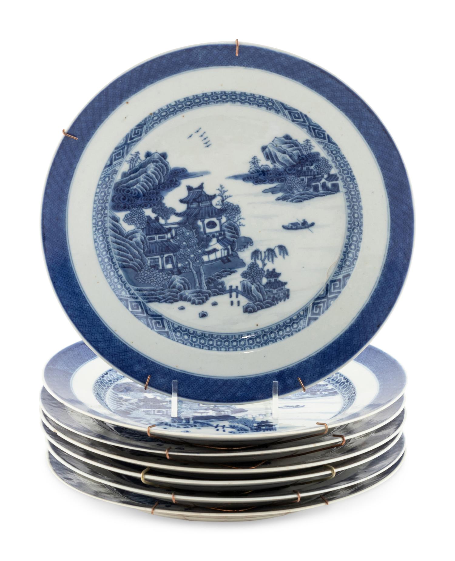 Seven Chinese Export Blue and White Porcelain Plates