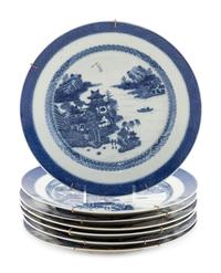 Seven Chinese Export Blue and White Porcelain Plates