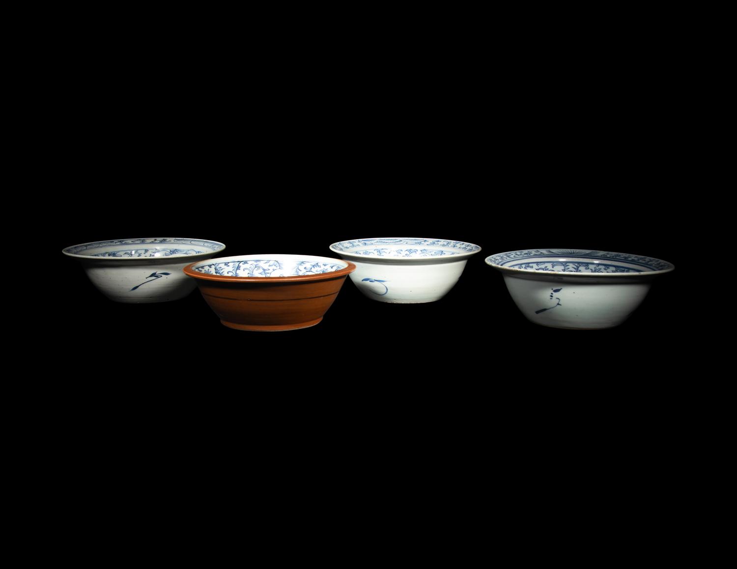Four Chinese Blue and White Porcelain Shallow Bowls