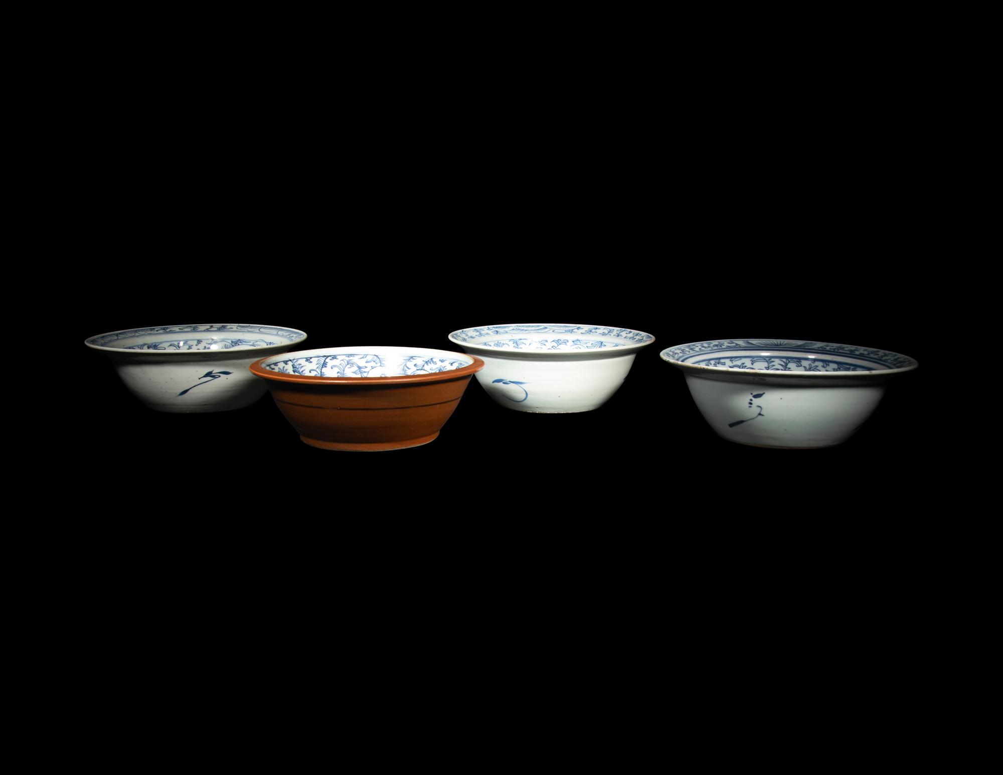 Four Chinese Blue and White Porcelain Shallow Bowls