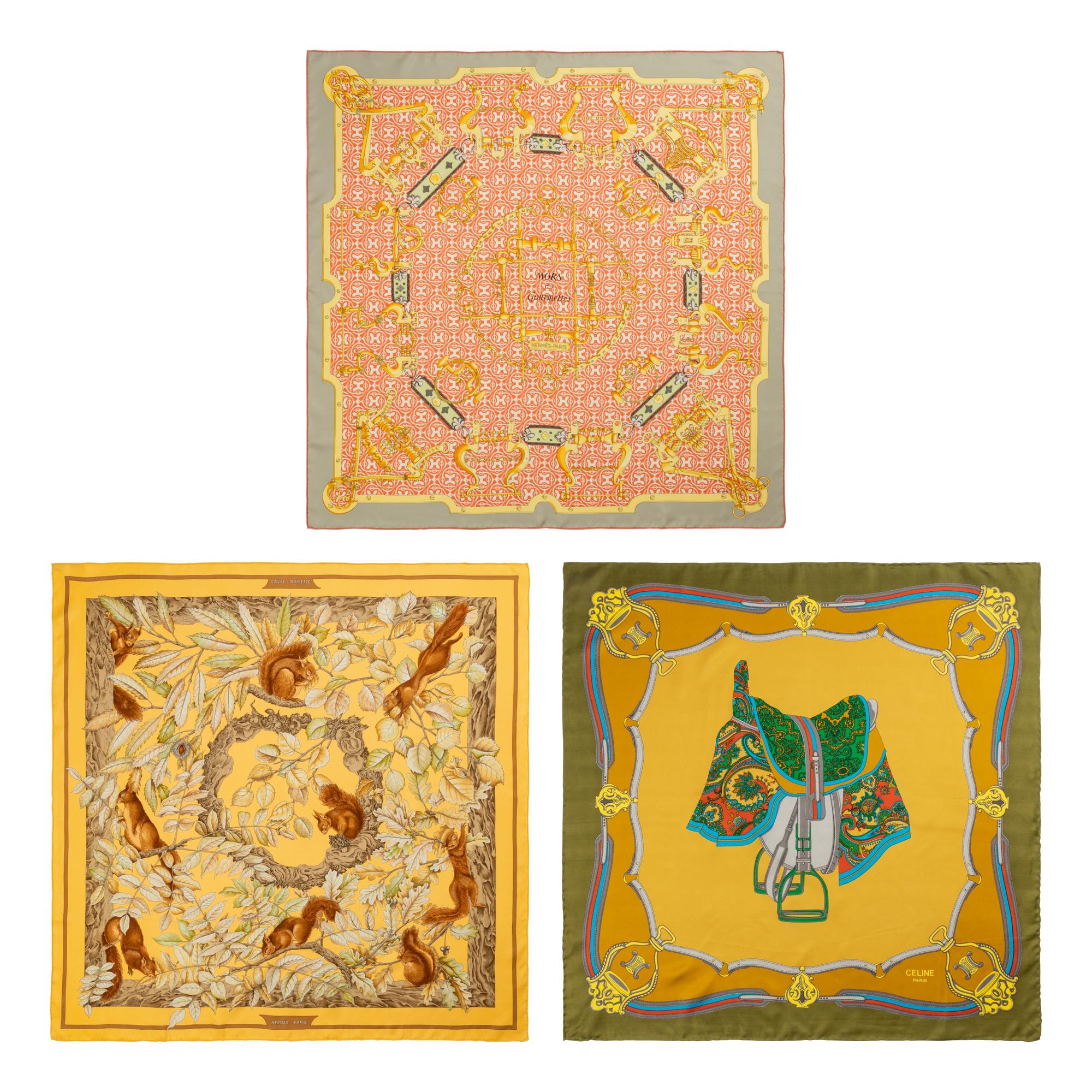 Three Designer Silk Scarves: Two Hermès & One Celine
