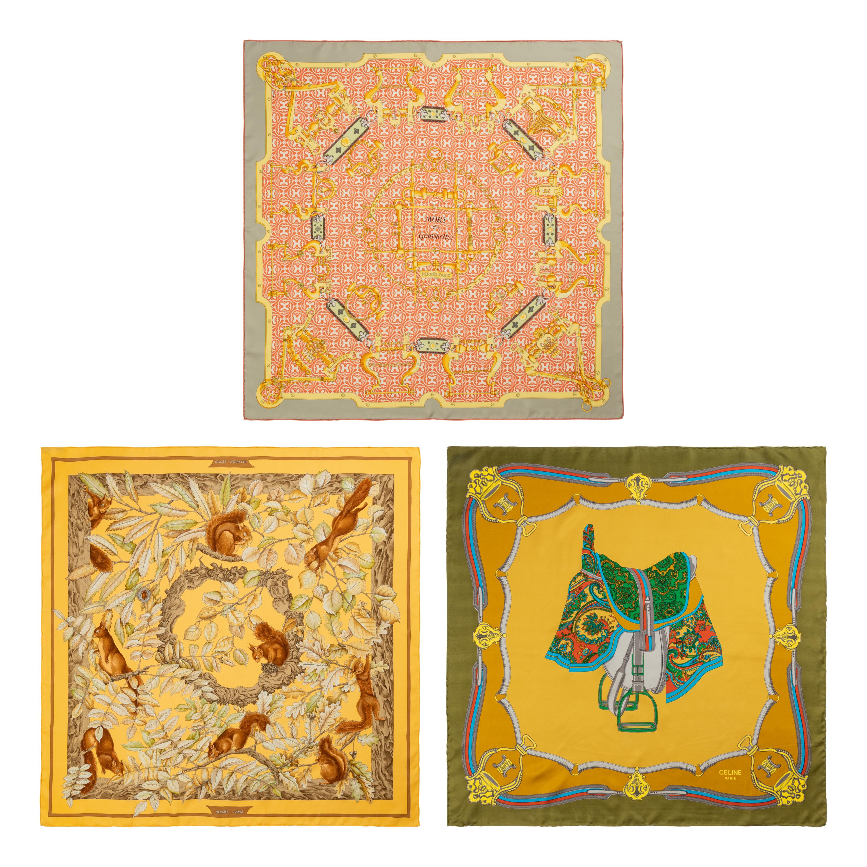 Three Designer Silk Scarves: Two Hermès & One Celine