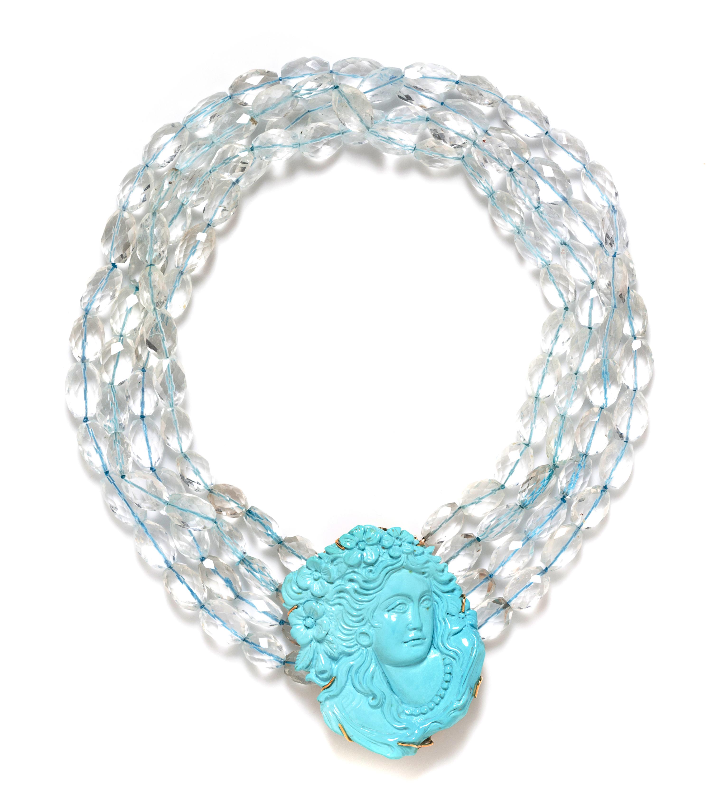 A 14 Karat Yellow Gold, Turquoise and Aquamarine Torsade Necklace,