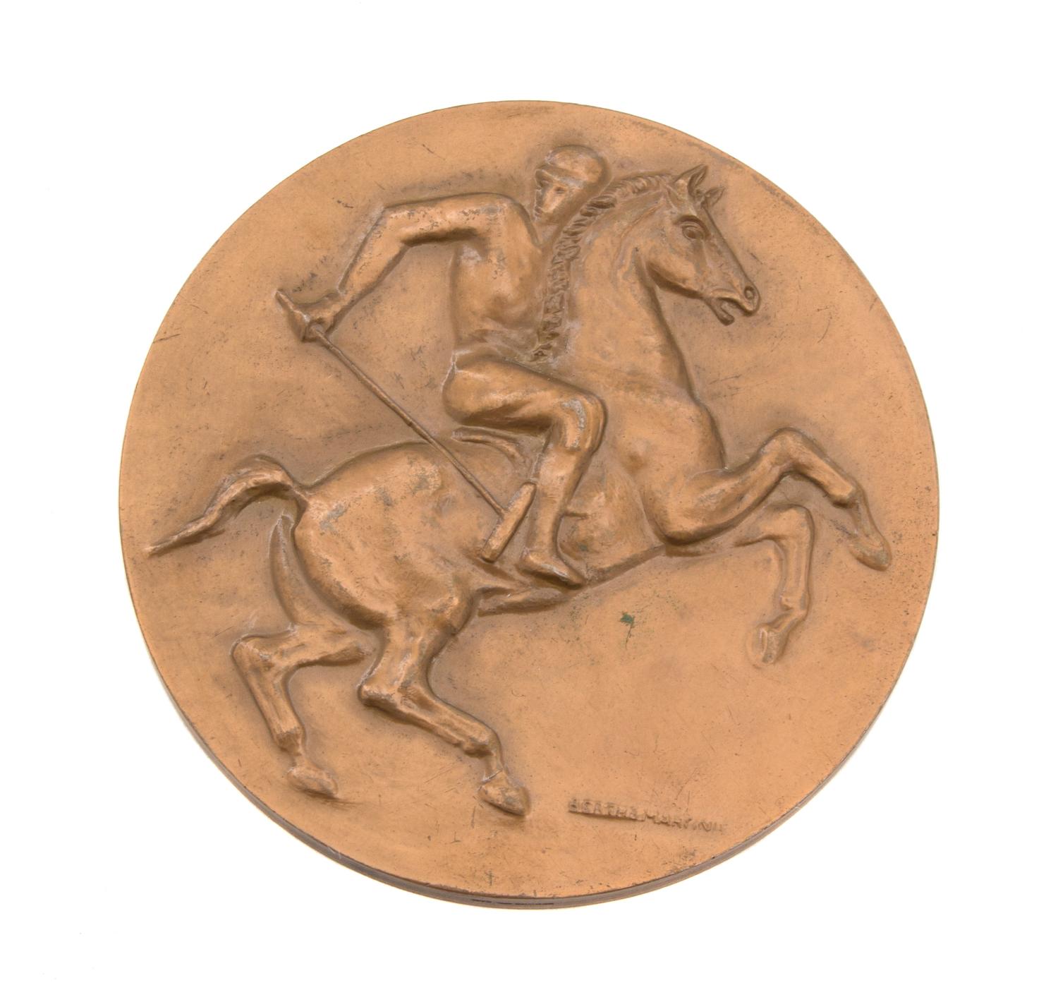 Berthe Martinie, (French, 1883-1958), Polo Medallion, having a polo player on pony on face and polo mallets on verso