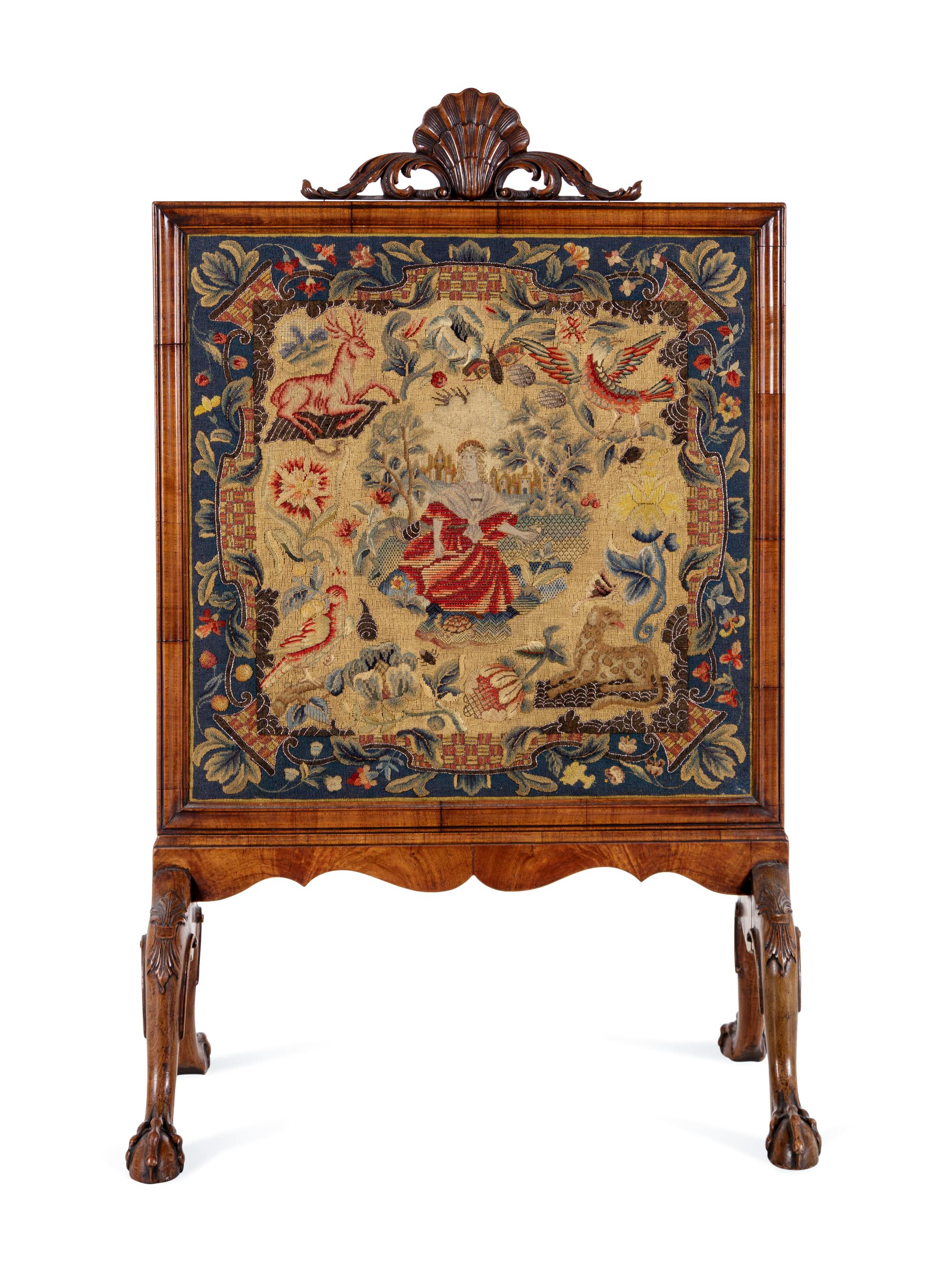 A George II Needlepoint-Inset Walnut Fire Screen