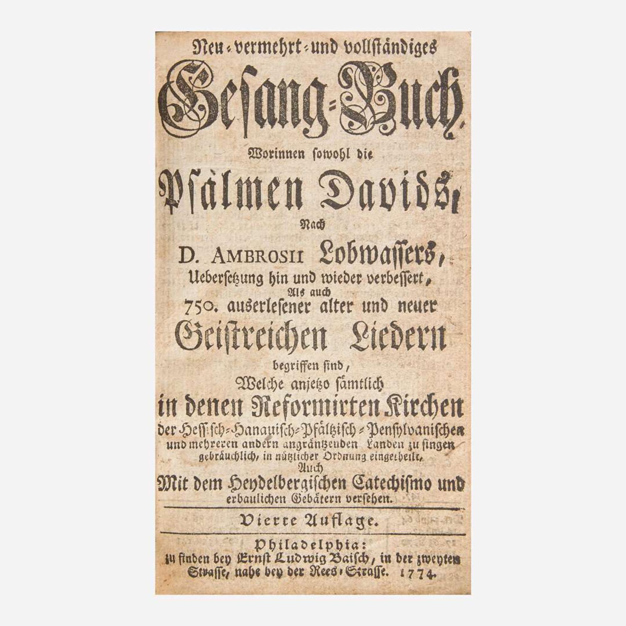 A tooled and colored leather-bound hymnal together with a large leather-bound Swiss Reform Lutheran bible; The hymnal printed by Ernst Ludwig Baisch, Philadelphia, PA, 1774, the bible printed in Basel, Switzerland, 1736