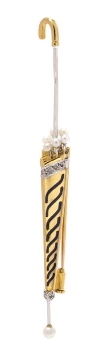 A Bicolor Gold, Diamond, Cultured Pearl and Enamel Umbrella Motif Brooch, 3.50 dwts.