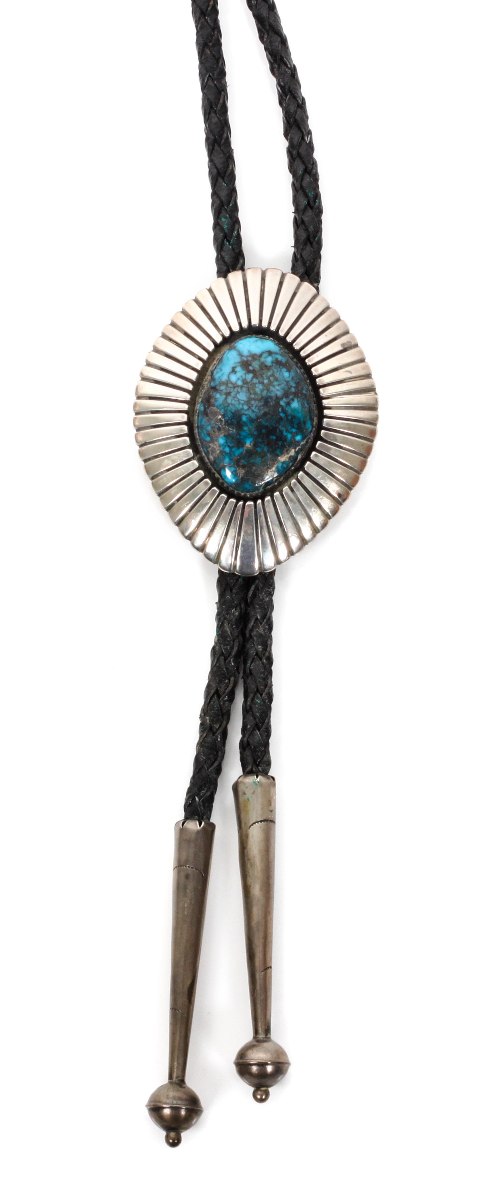 A Navajo Silver and Turquoise Bolo, Mary Morgan Height 2 3/8 x 1 7/8 inches.