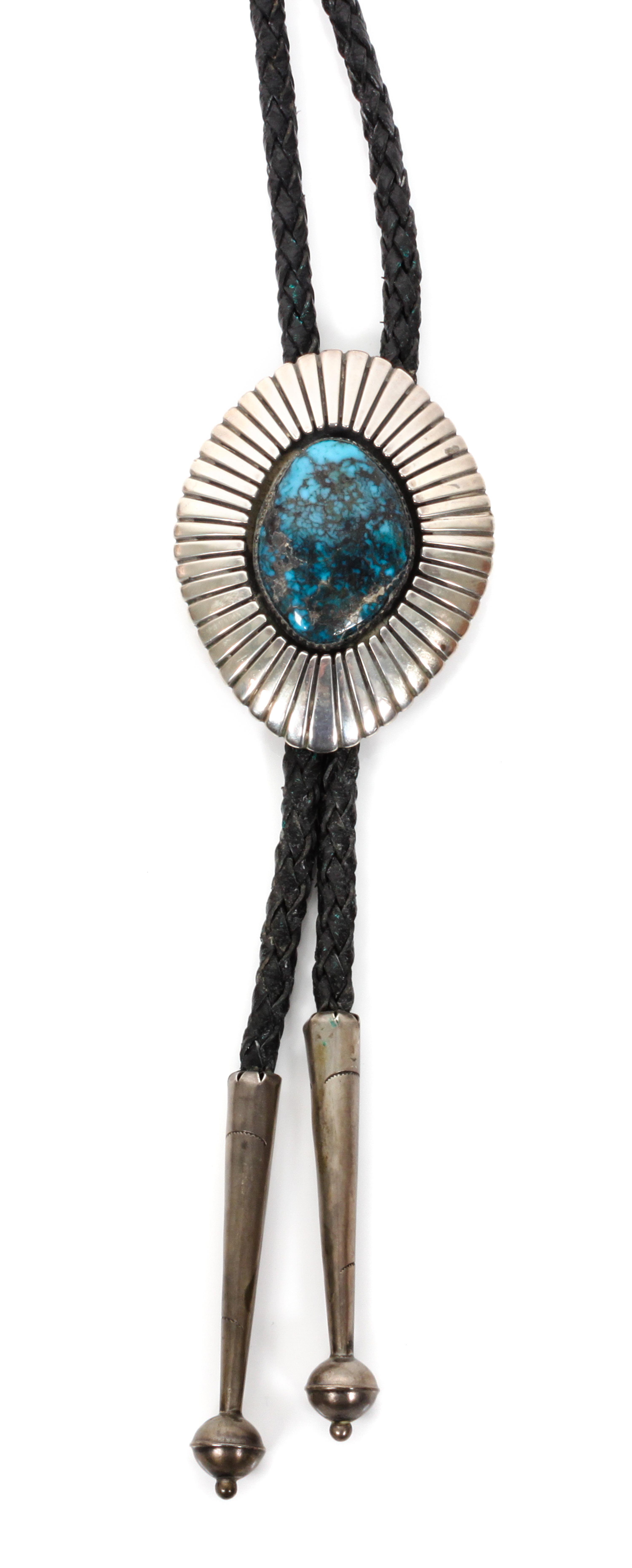 A Navajo Silver and Turquoise Bolo, Mary Morgan Height 2 3/8 x 1 7/8 inches.