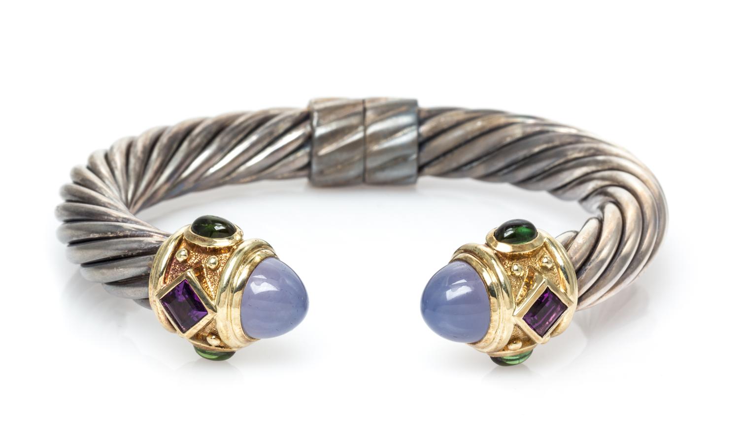 A Sterling Silver, 18 Karat Yellow Gold, Blue Chalcedony, Amethyst and Green Tourmaline 'Renaissance' Bracelet, David Yurman, 35.00 dwt