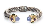 A Sterling Silver, 18 Karat Yellow Gold, Blue Chalcedony, Amethyst and Green Tourmaline 'Renaissance' Bracelet, David Yurman, 35.00 dwt