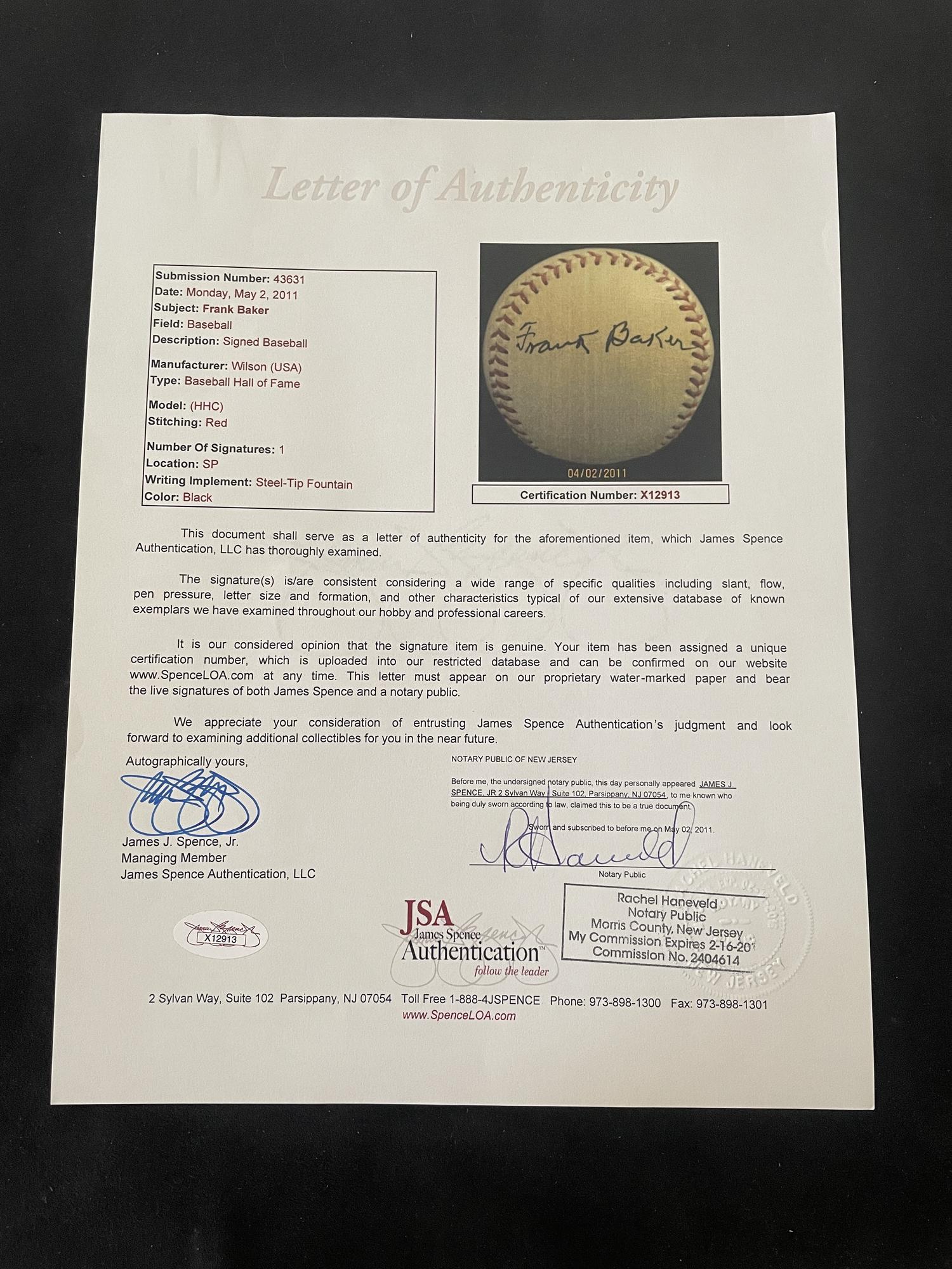 A Frank Home Run Baker Single Signed Autograph Baseball (JSA Letter)