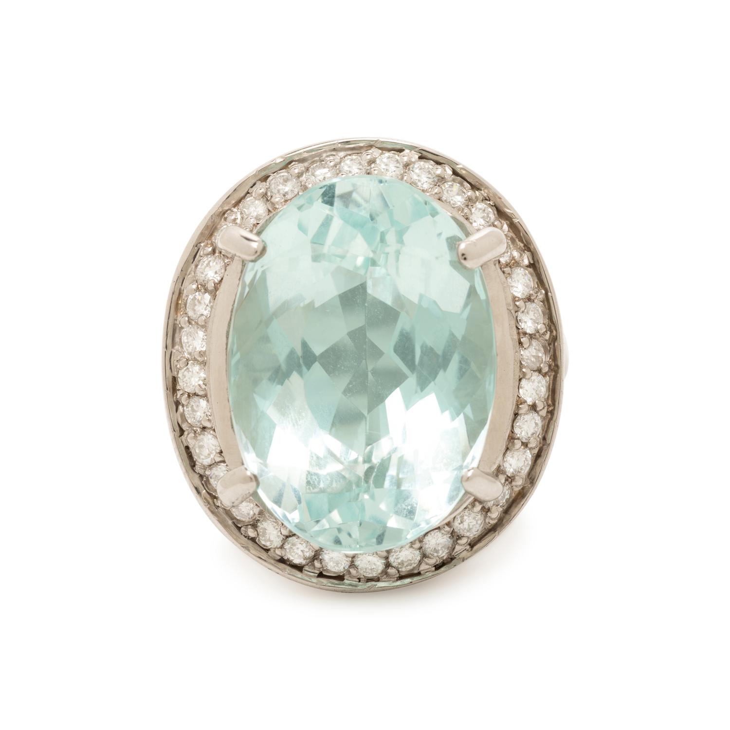 Aquamarine, Diamond, and White Gold Ring