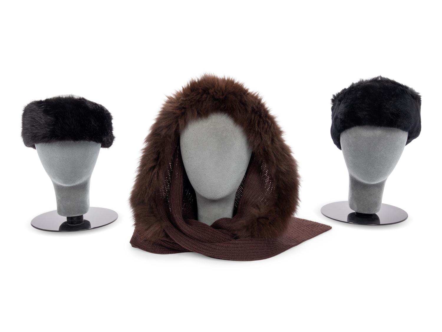 Collection of Twelve Fur Pieces; Six Fur Headbands, Two Hats, Two Scarves, and Two Colored Fur Articles, 1980-2010s