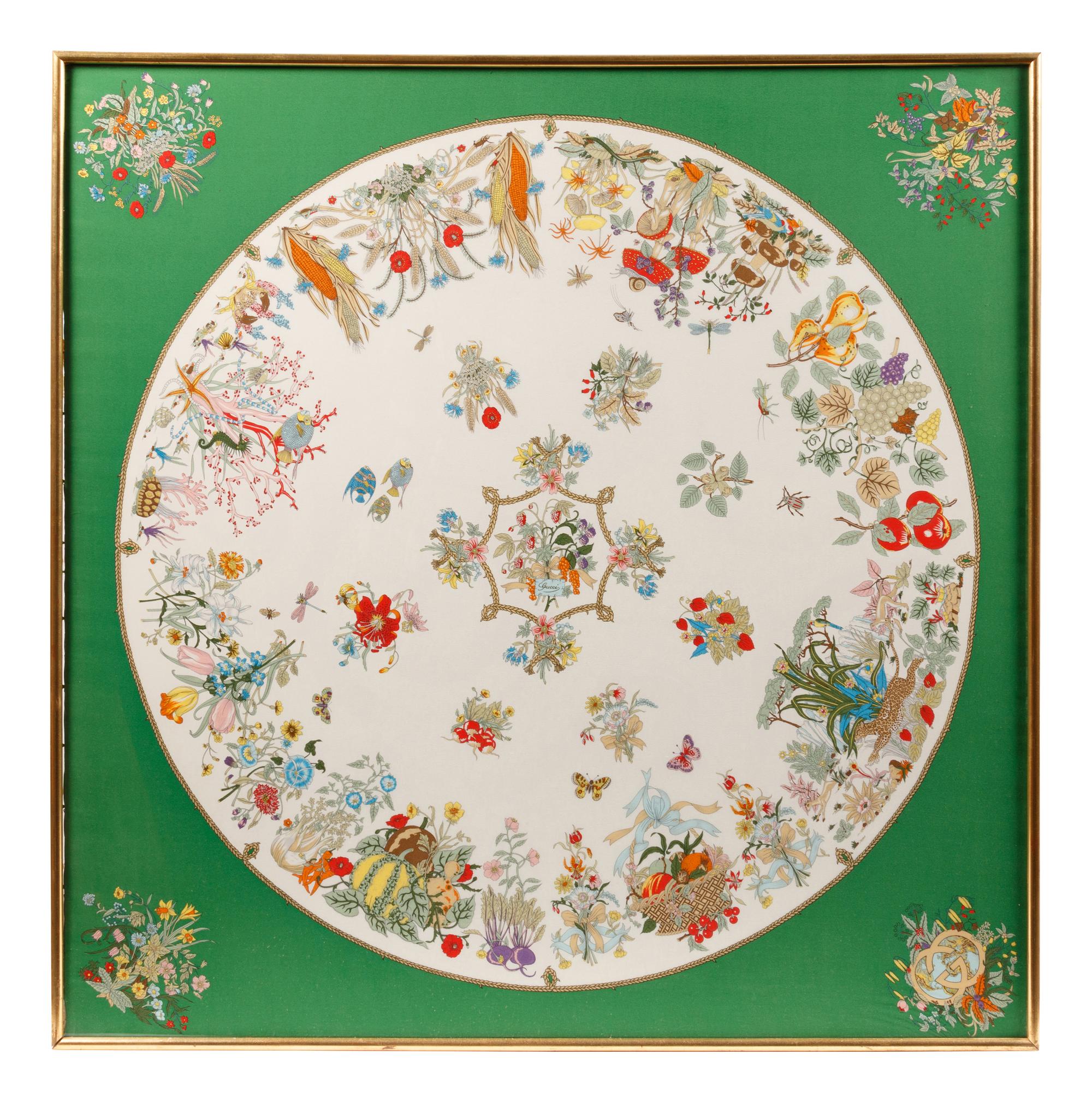 Two Framed Gucci Silk Scarves