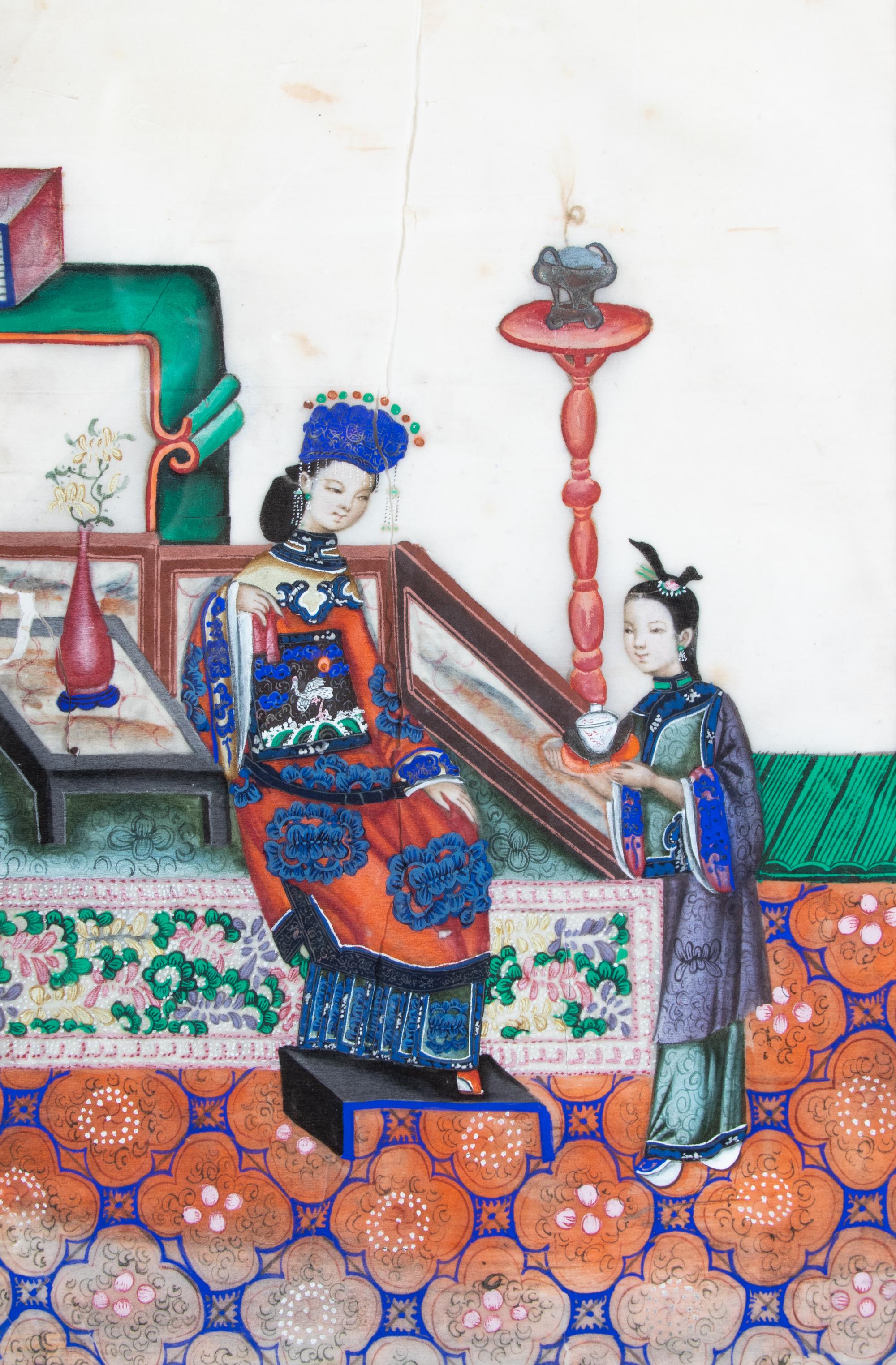 A Set of Three Chinese Export Paintings on Pith Paper, Depicting Court Scenes