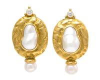 A Pair of 18 Karat Yellow Gold, Cultured Pearl and Diamond Earclips, Elizabeth Gage, 18.70 dwts.