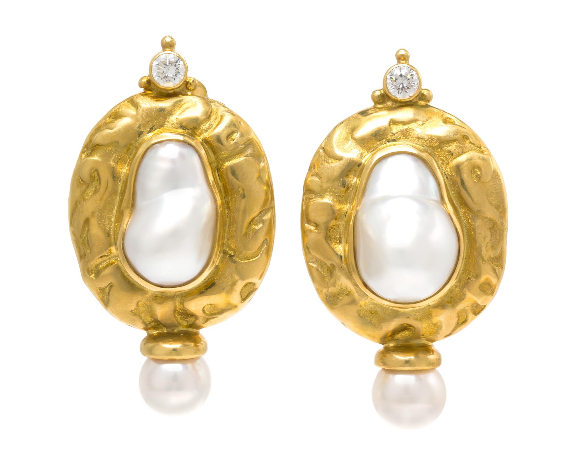 A Pair of 18 Karat Yellow Gold, Cultured Pearl and Diamond Earclips, Elizabeth Gage, 18.70 dwts.