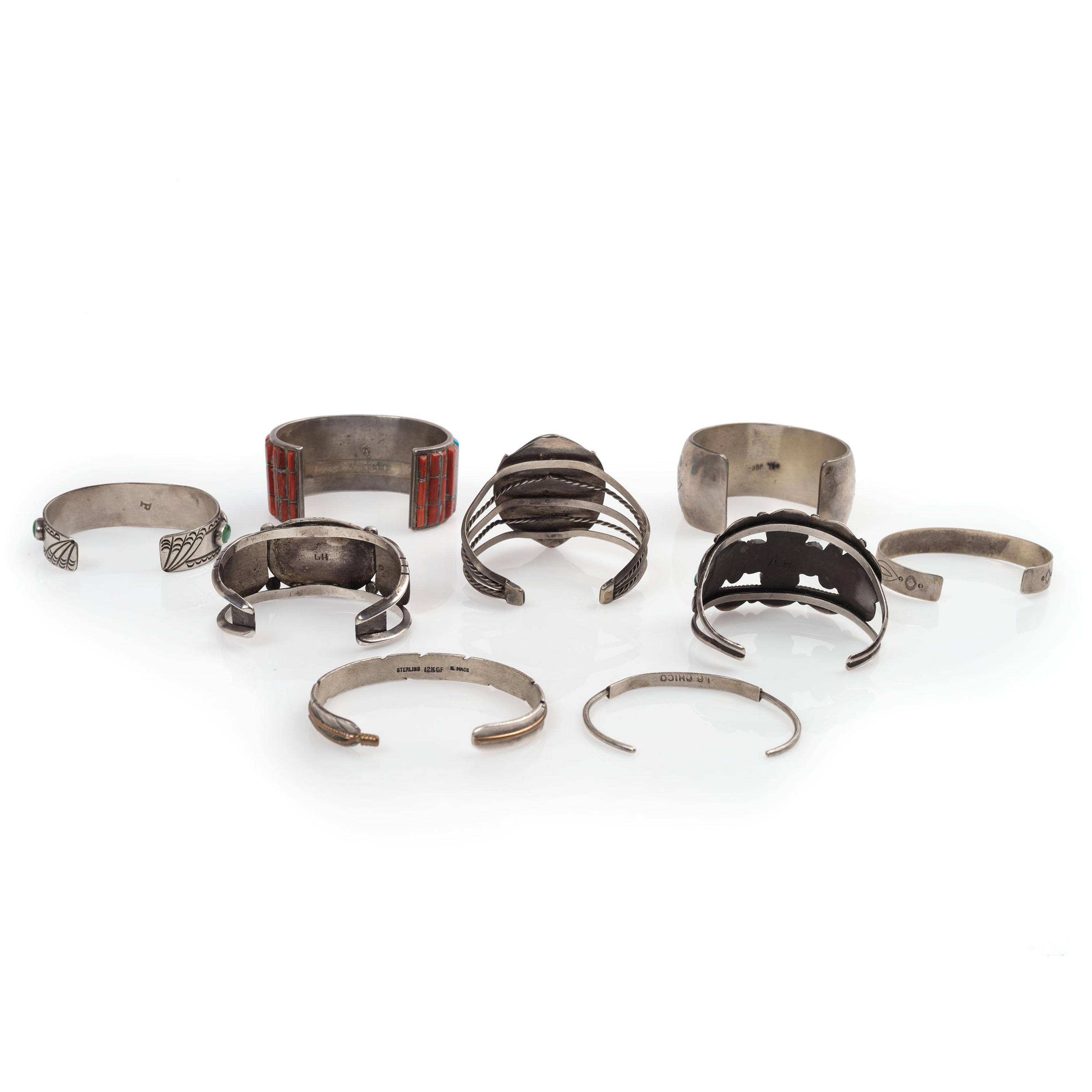 Navajo and Zuni Silver Cuff Bracelets, with Inlay