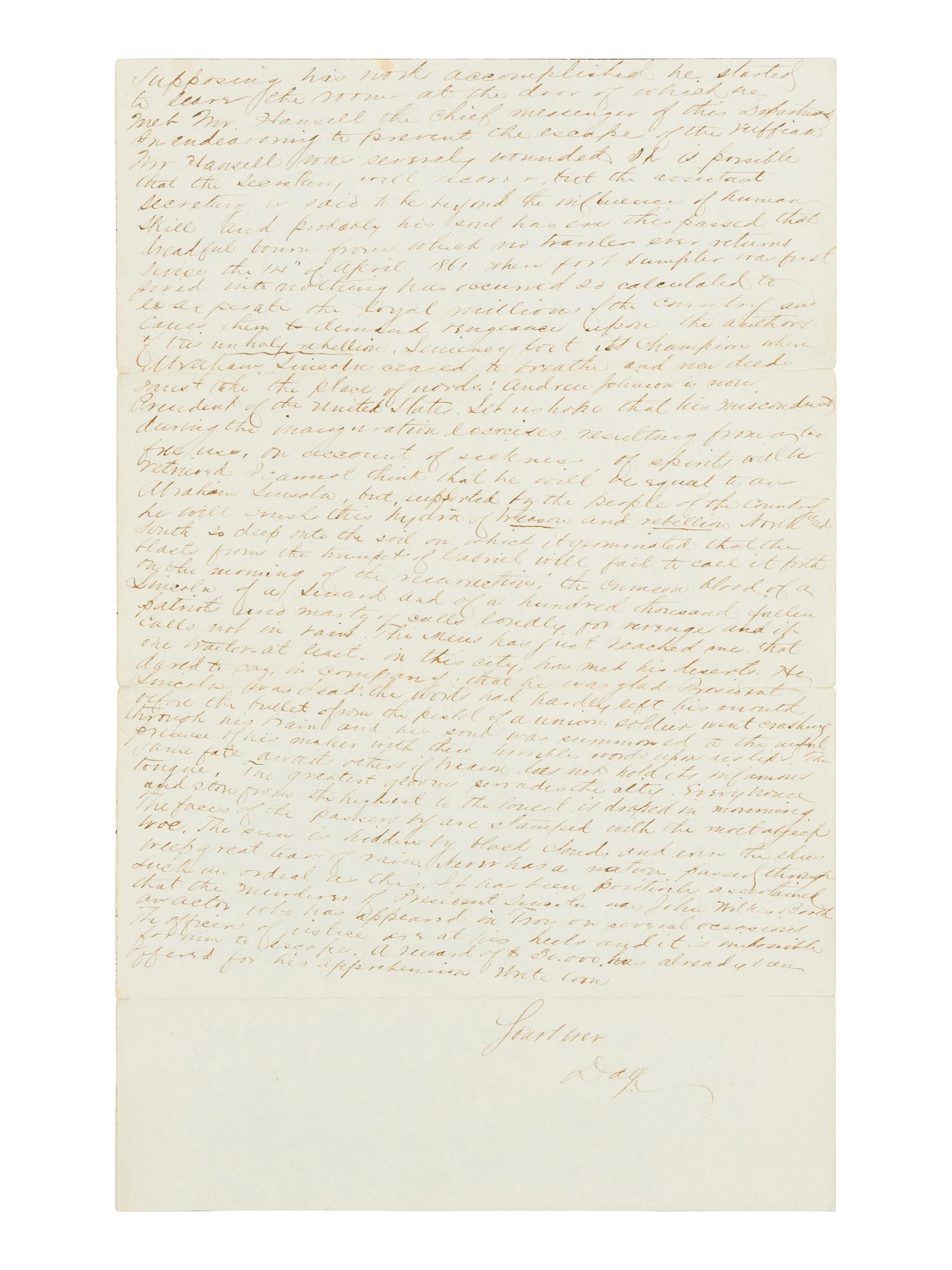 [LINCOLN ASSASSINATION]. DAGGETT, Albert J. (b. ca. 1846). Autograph letter, signed ("Dag") to Miss Julie Trumen. Washington, D.C., 10 AM, 15 April 1865.