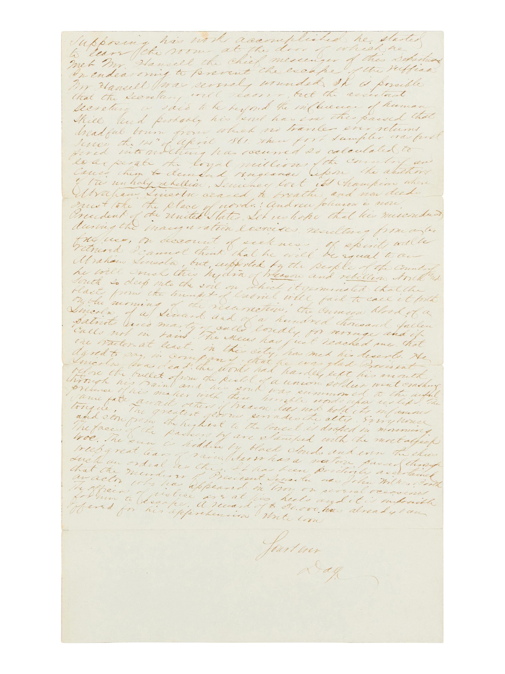 [LINCOLN ASSASSINATION]. DAGGETT, Albert J. (b. ca. 1846). Autograph letter, signed ("Dag") to Miss Julie Trumen. Washington, D.C., 10 AM, 15 April 1865.