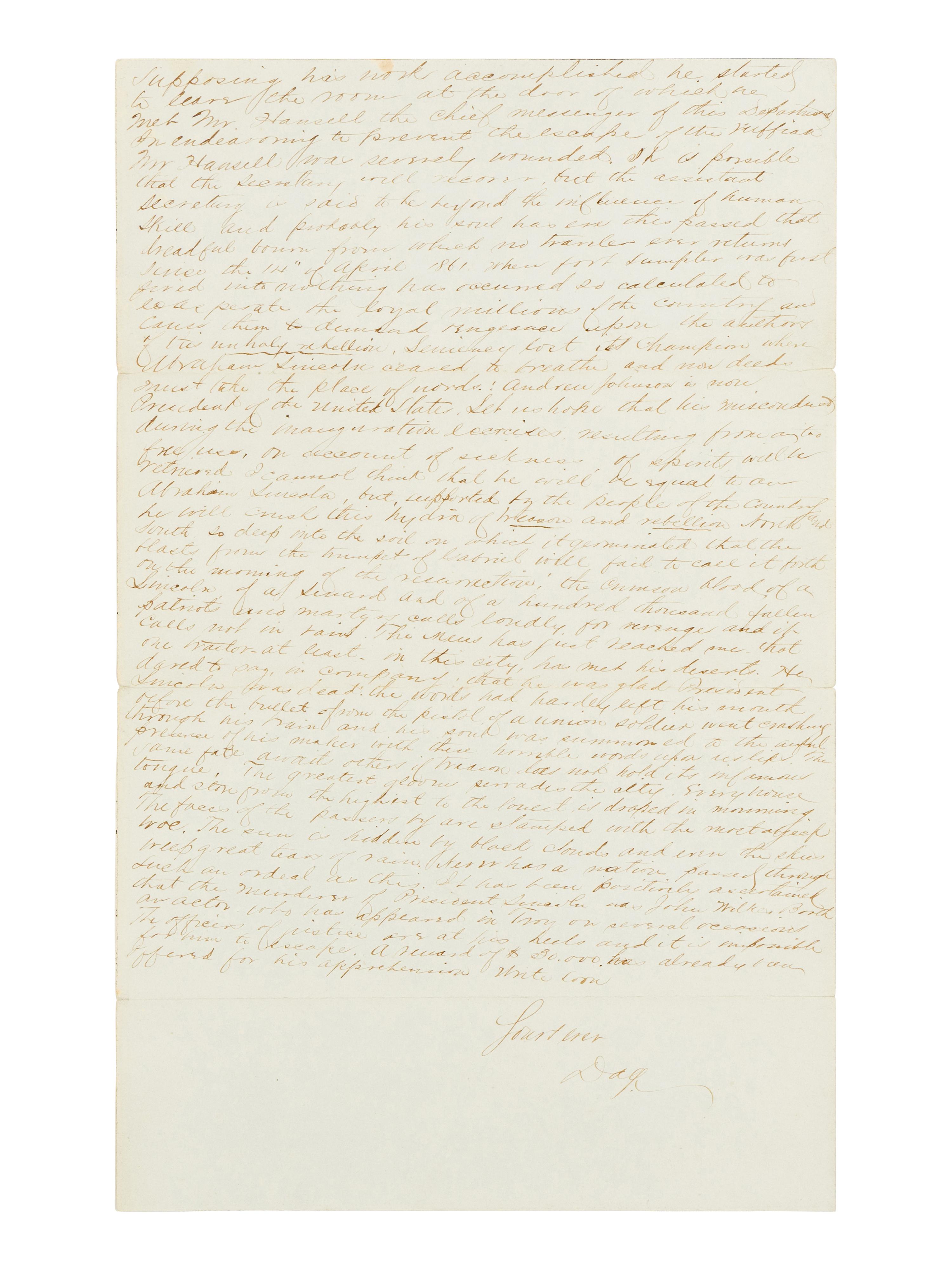 [LINCOLN ASSASSINATION]. DAGGETT, Albert J. (b. ca. 1846). Autograph letter, signed ("Dag") to Miss Julie Trumen. Washington, D.C., 10 AM, 15 April 1865.