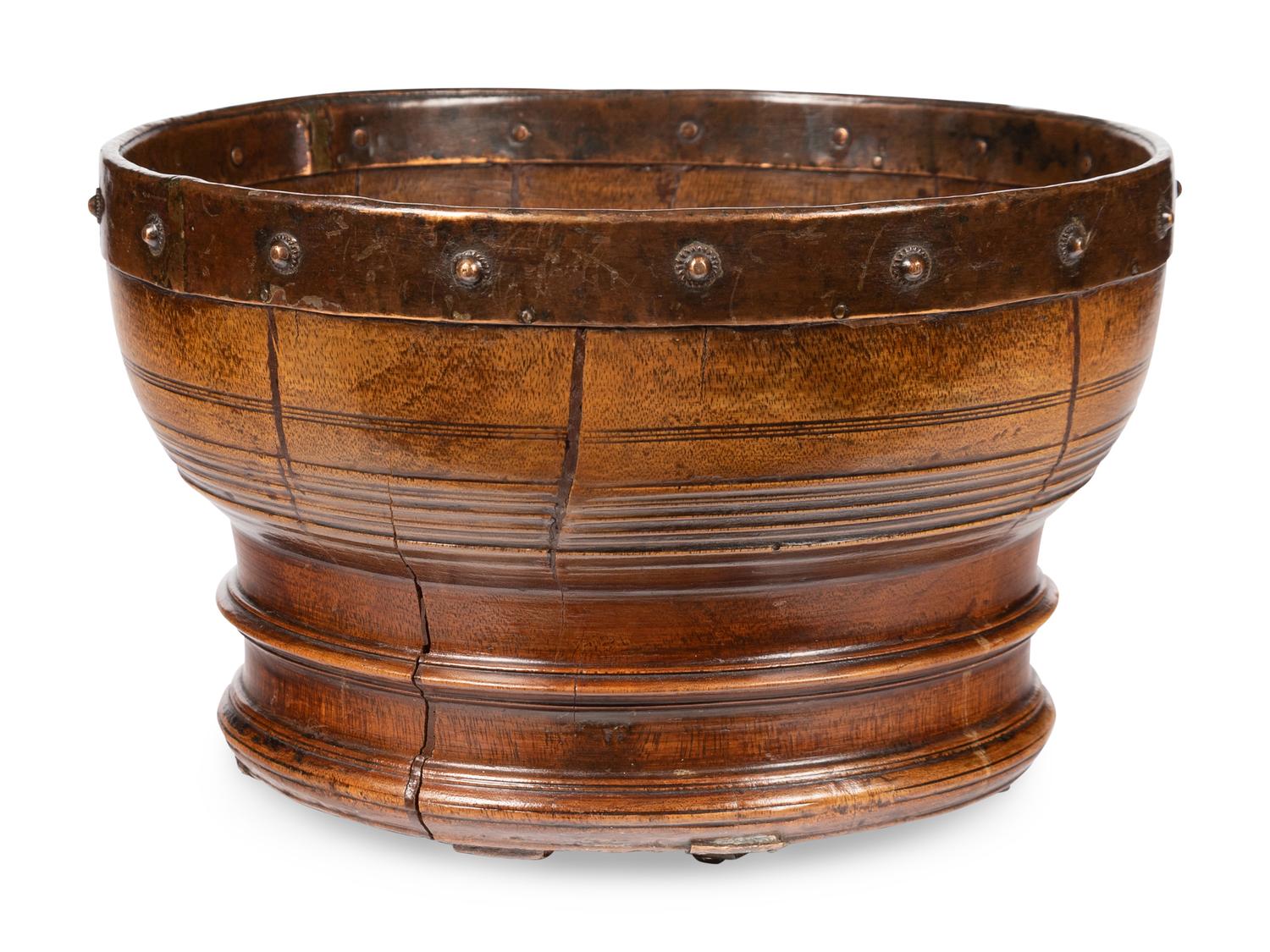 A Scottish Turned Walnut and Studded Copper-Rimmed Wassail Bowl