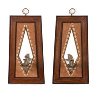 A Pair of Brass Mounted Suede-Inset Oak Mirrored Sconces