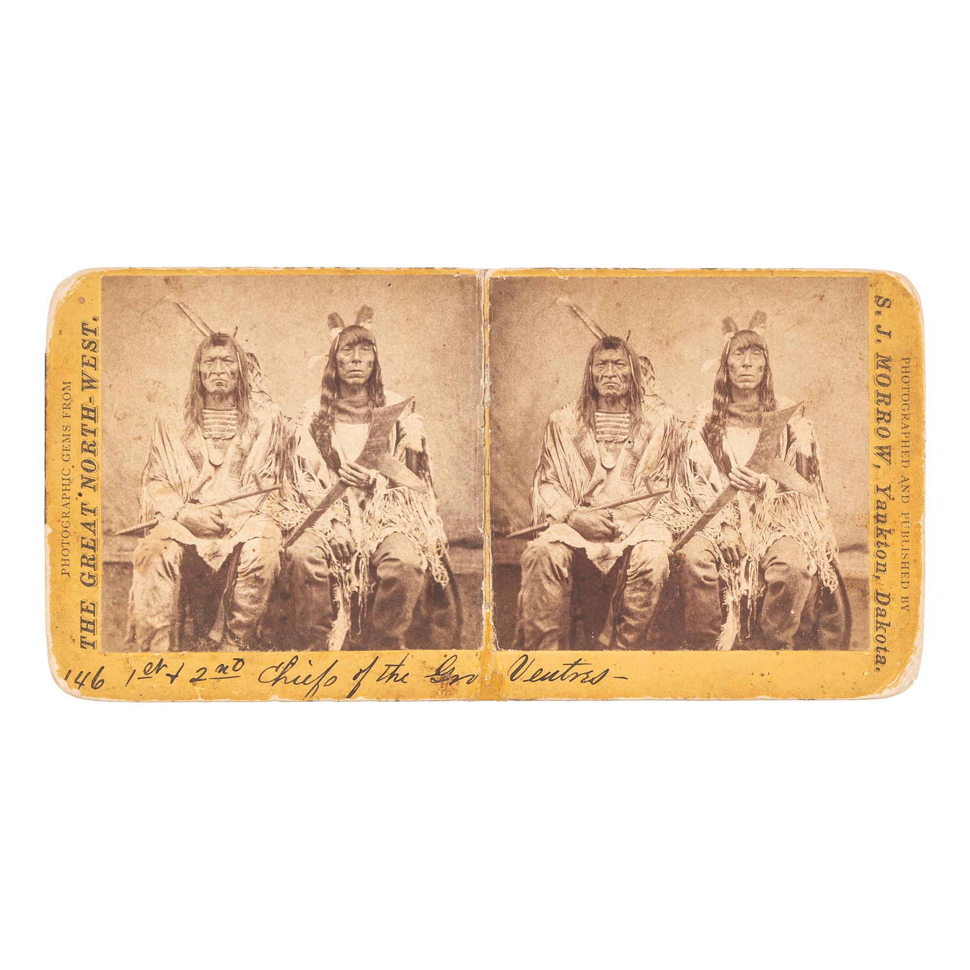 [NATIVE AMERICANS]. MORROW, S.J., photographer. Stereoview of Crow's Breast and Poor Wolf. Yankton, Dakota: [ca 1870s].