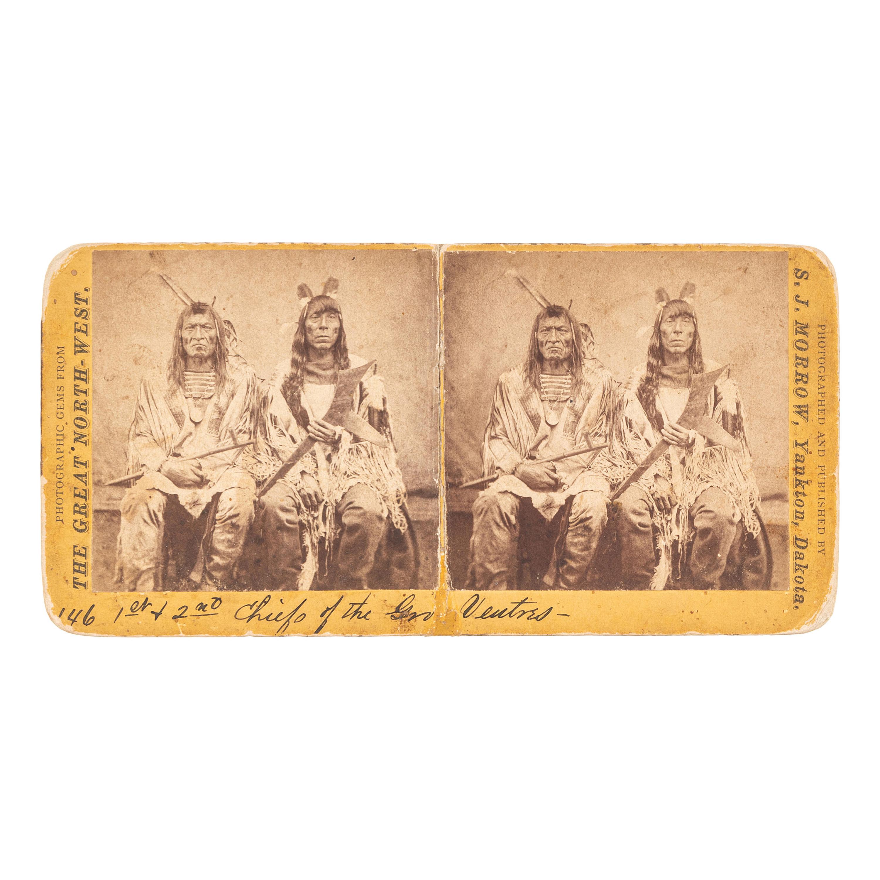 [NATIVE AMERICANS]. MORROW, S.J., photographer. Stereoview of Crow's Breast and Poor Wolf. Yankton, Dakota: [ca 1870s].