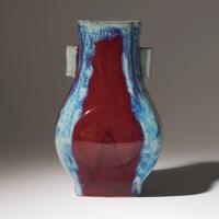 A Chinese Flambe-Glazed Vase Fanghu, Qianlong Mark and of the Period — 清乾隆 窯變釉杏圓貫耳方瓶